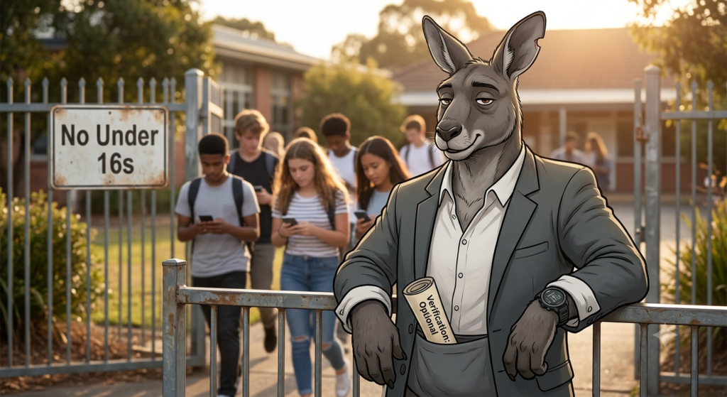 Cartoon kangaroo in a suit leaning on a school gate as teenagers ignore an under-16 social media ban sign.