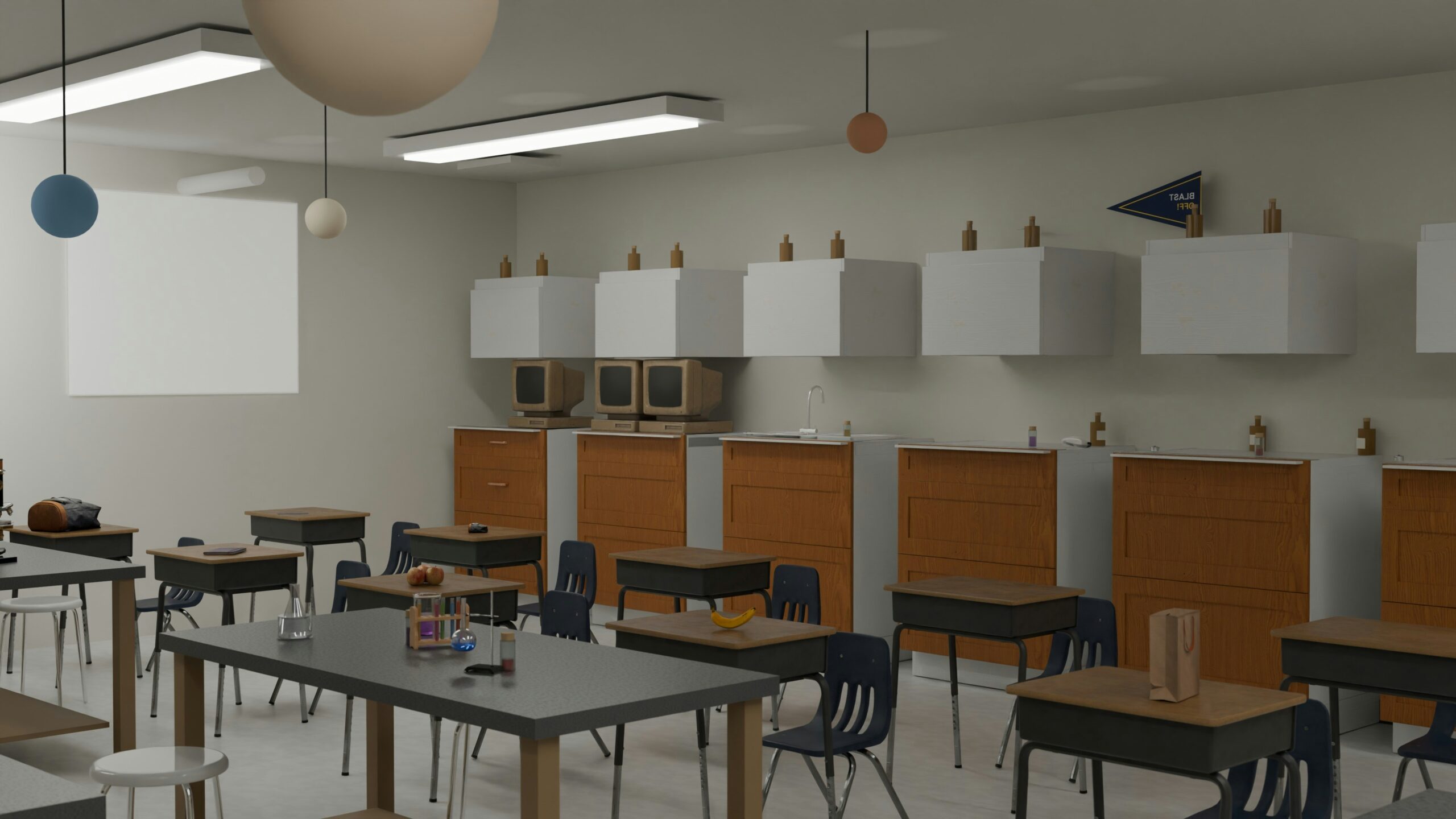 School science laboratory with fixed benches, services and stools arranged for practical work