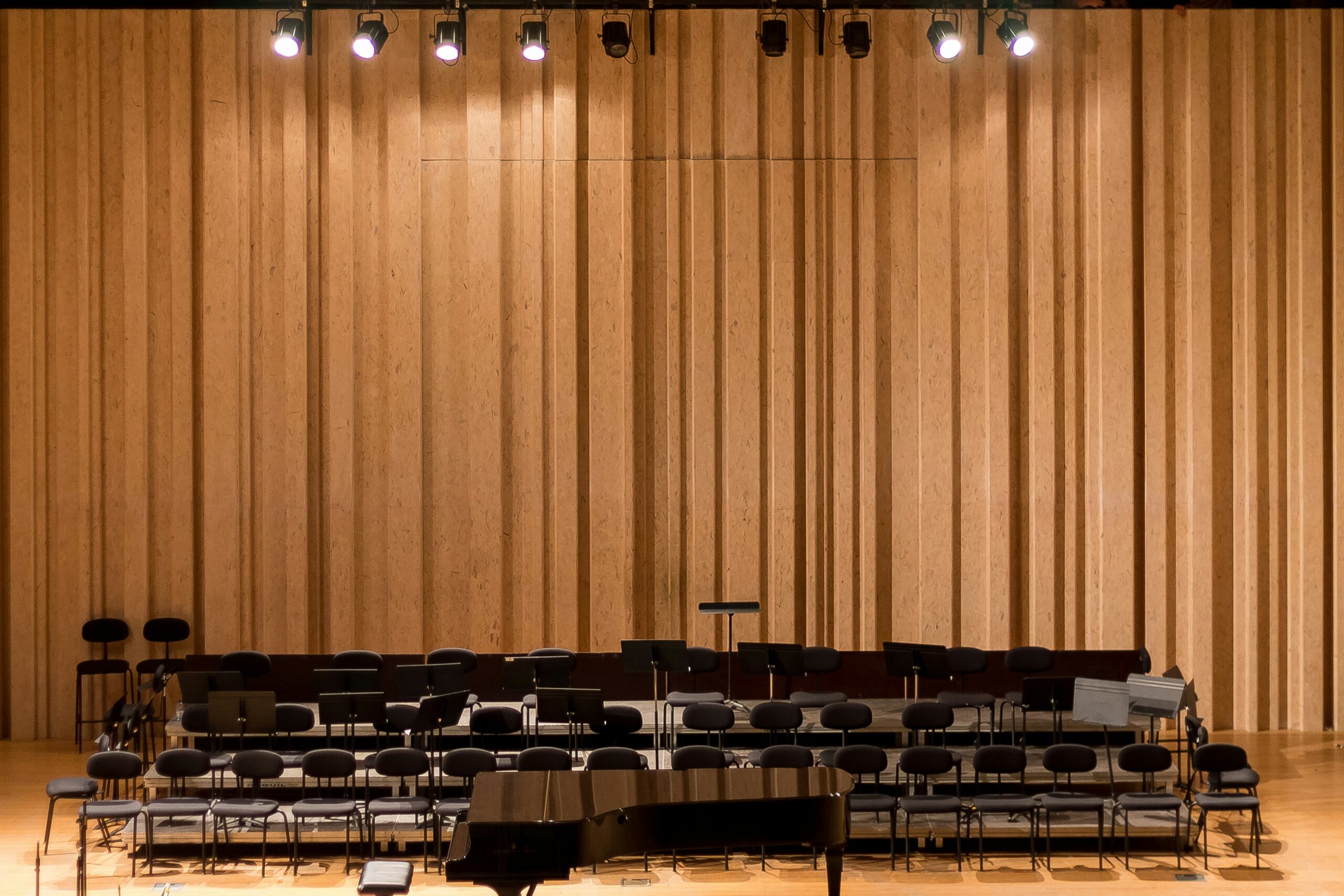 School performance hall with timber acoustic wall panelling and staged seating for music